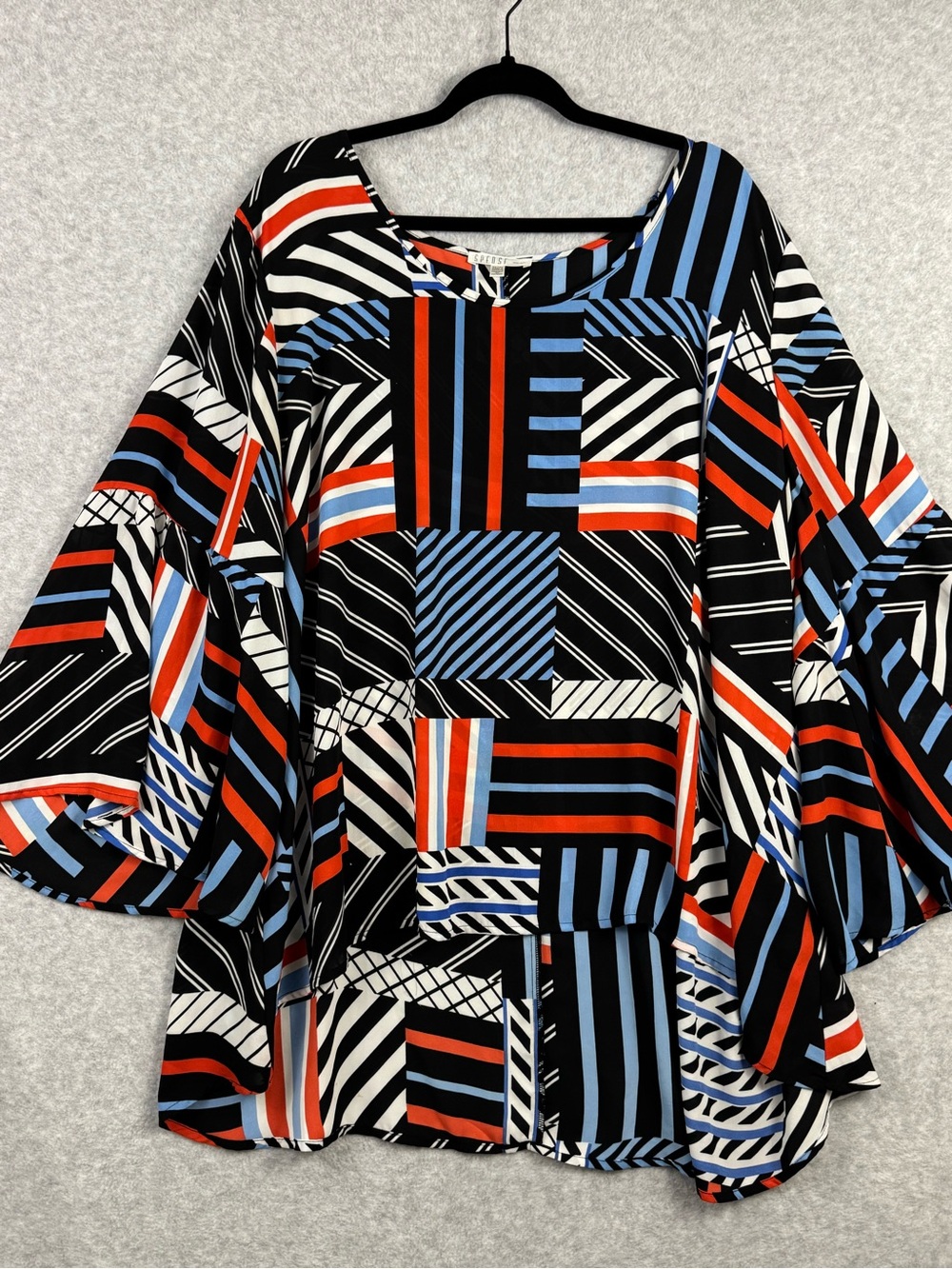 Spense Women’s 3X Geometric Bell Sleeve Hi Lo Tunic Black Blue Red White